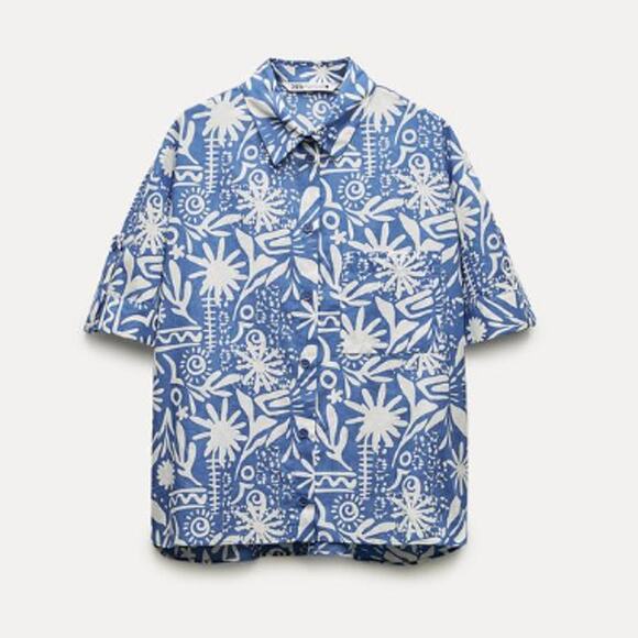 Zara Blue & White Tropical Print Short Sleeve Button Up Top 100% Cotton Medium - Picture 1 of 5